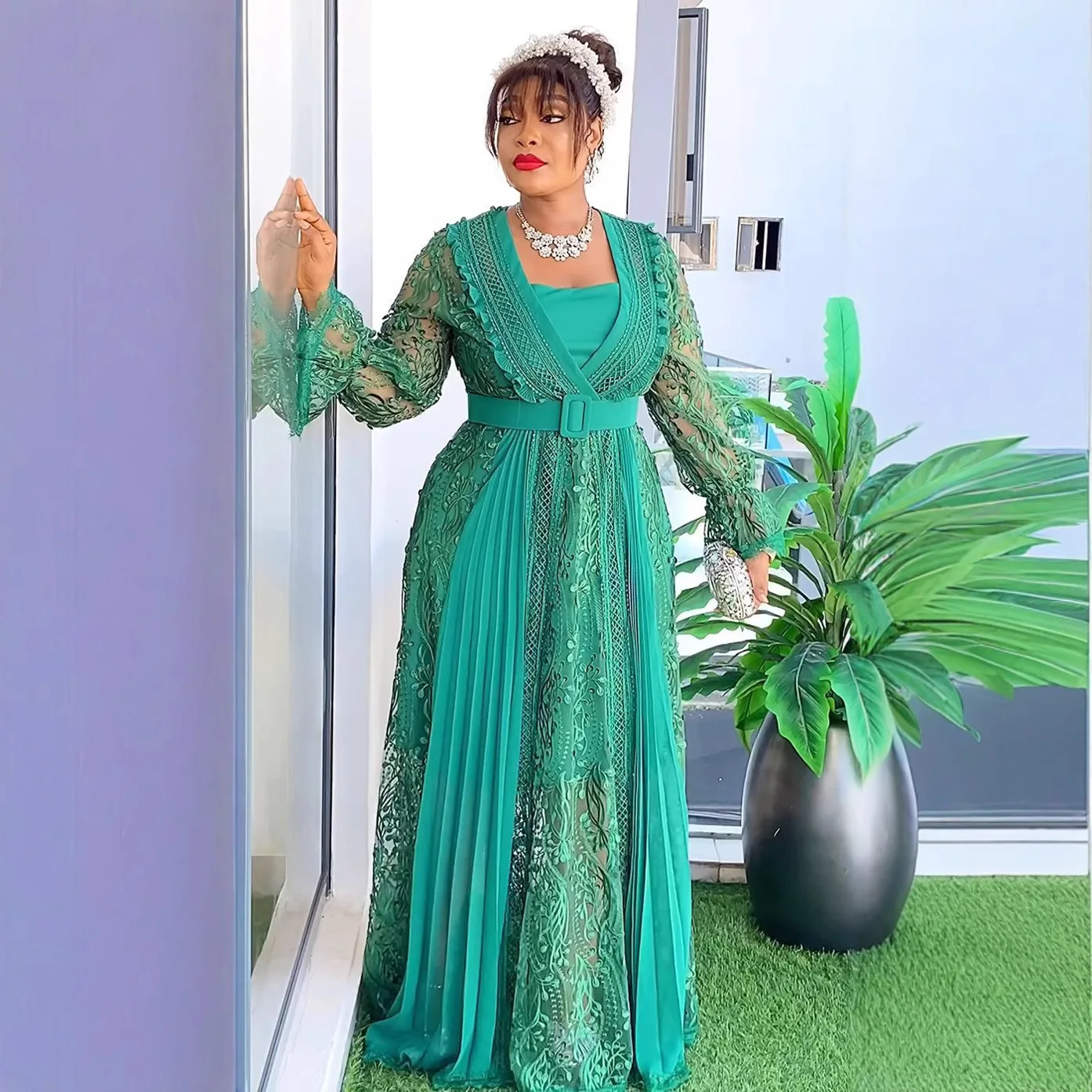 European and American Women Fashion Chiffon Casual Maxi Dress African Chiffon Floor Length Dresses Lace Long Sleeves Dresses