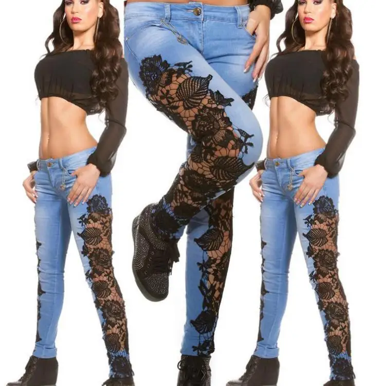 

New Design Sexy Girls Lace Pants Denim Skinny Women Jeans, Blue
