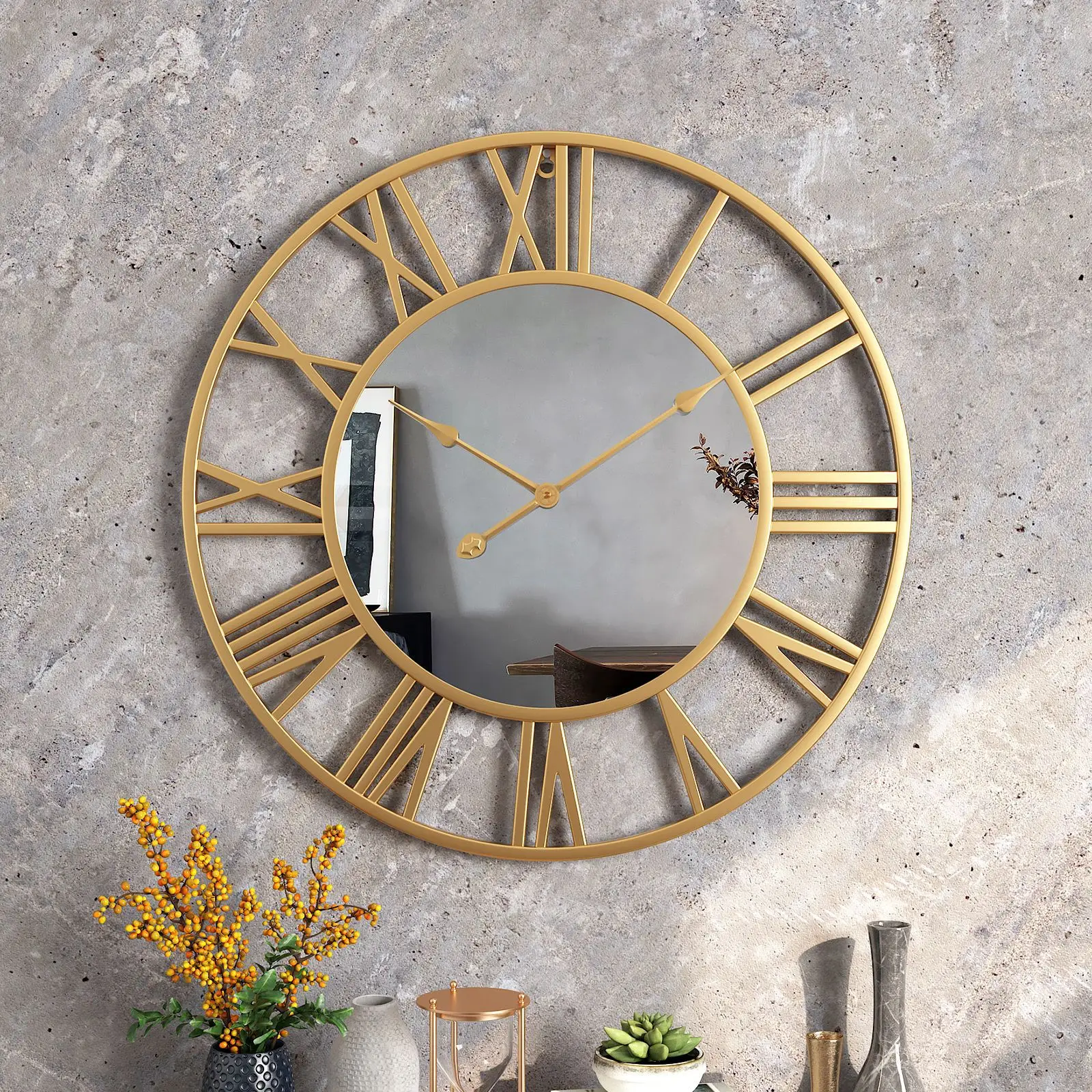 

Roman Numbers Rustic Metal Skeleton Designed Living Room Vintage Wall Decorative Wall Clock With Mirror
