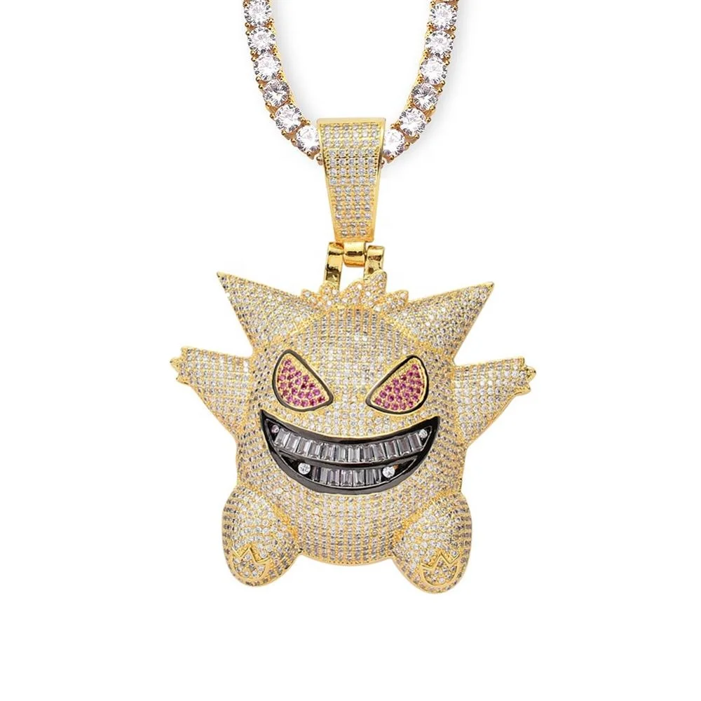 

Big Version Statement Chunky Elf Pokemon Go Charm Iced Out CZ Stone Gold Gengar Pendant Necklace Collar Hip Hop Jewelry Homme, Silver,gold