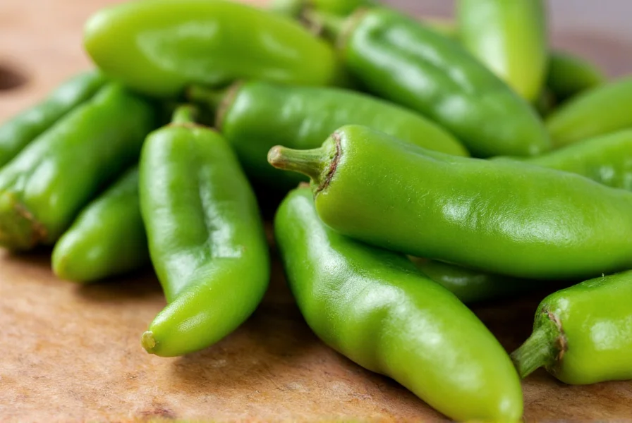 Close-up photograph of fresh Hatch green chilies showing their distinctive wrinkled skin and vibrant green color on a wooden cutting board