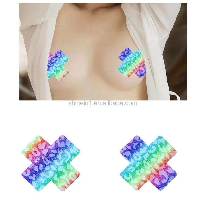 

Shinein New Disposable Sexy Lingerie Women Breast Pasties Glitter Rainbow Color Cross Shaped Self Adhesive Nipple Covers