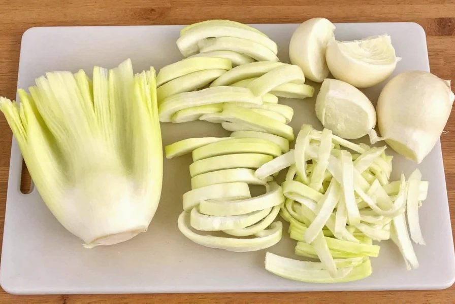 Freshly sliced fennel bulbs arranged on cutting board showing different preparation techniques for cooking