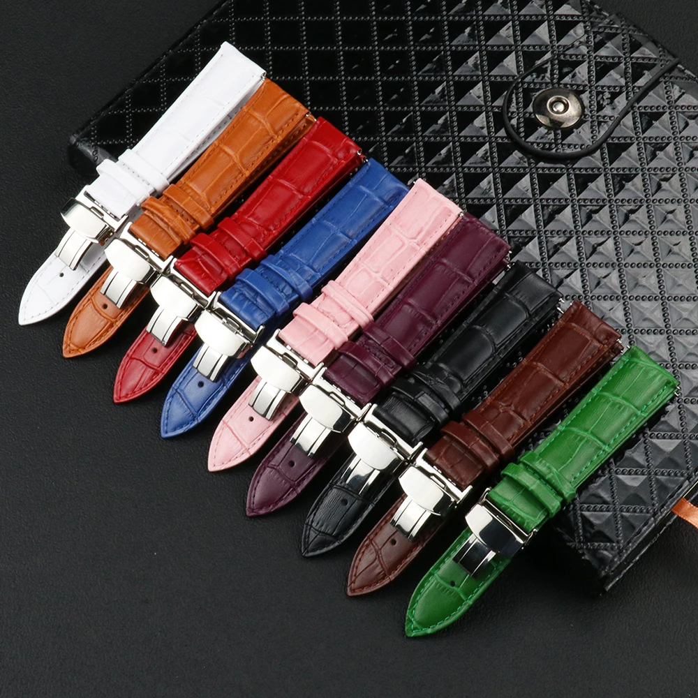 

High quality Genuine Leather butterfly Double pull buckle Watch strap 14 16 18 20 22 mm Black Strap Accessory brown belt strap