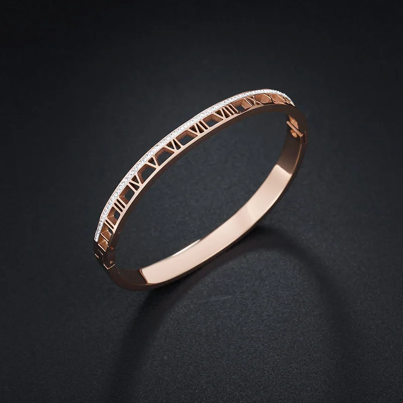 

Fashion Crystal Hollow Roman Numerals Bangle Bracelet Romantic Rose Gold Stainless Steel Bracelets (SK795), As picture