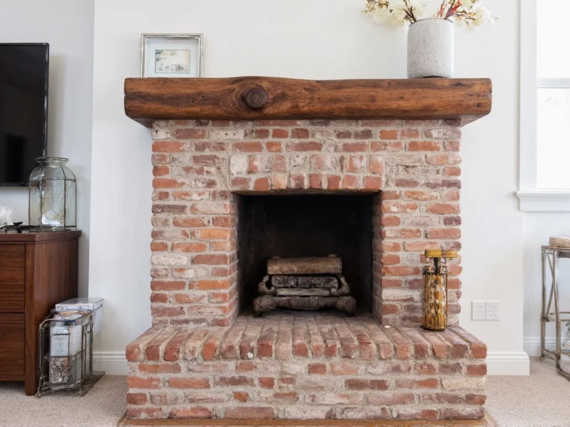 Reclaimed wood mantelpiece installed above brick fireplace