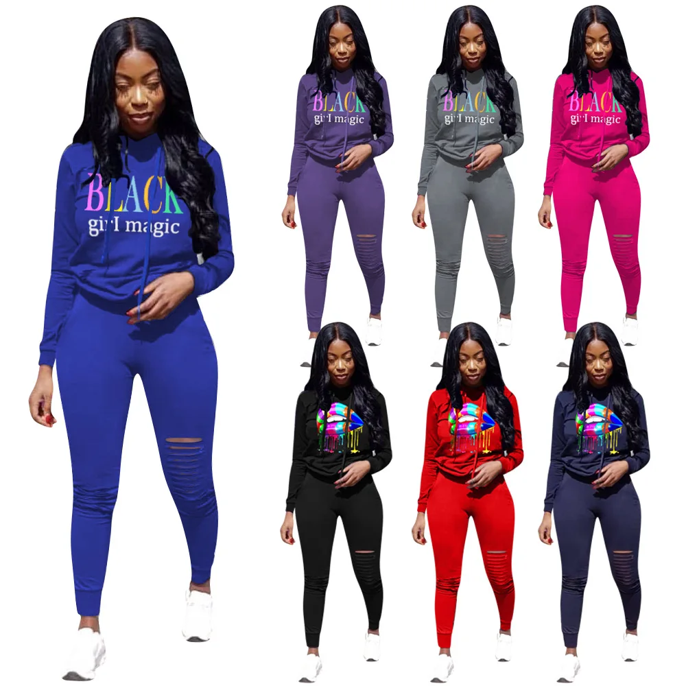 

Women Tracksuit Sport Casual Letter Pattern Cartoon Lip Print Long-sleeved Hoodies For Women Two-piece Set, Picture