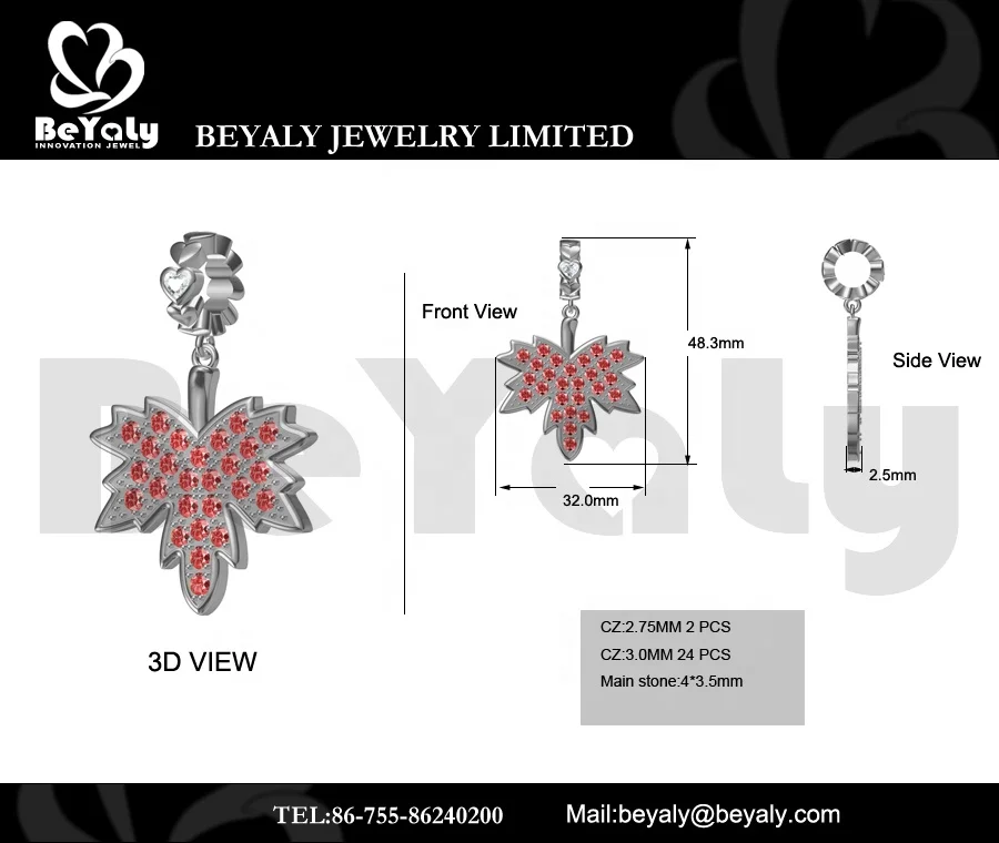 product-Heart-Shaped Design Bead Custom Charm Maple Leaf Red Cz Silver Pendant-BEYALY-img