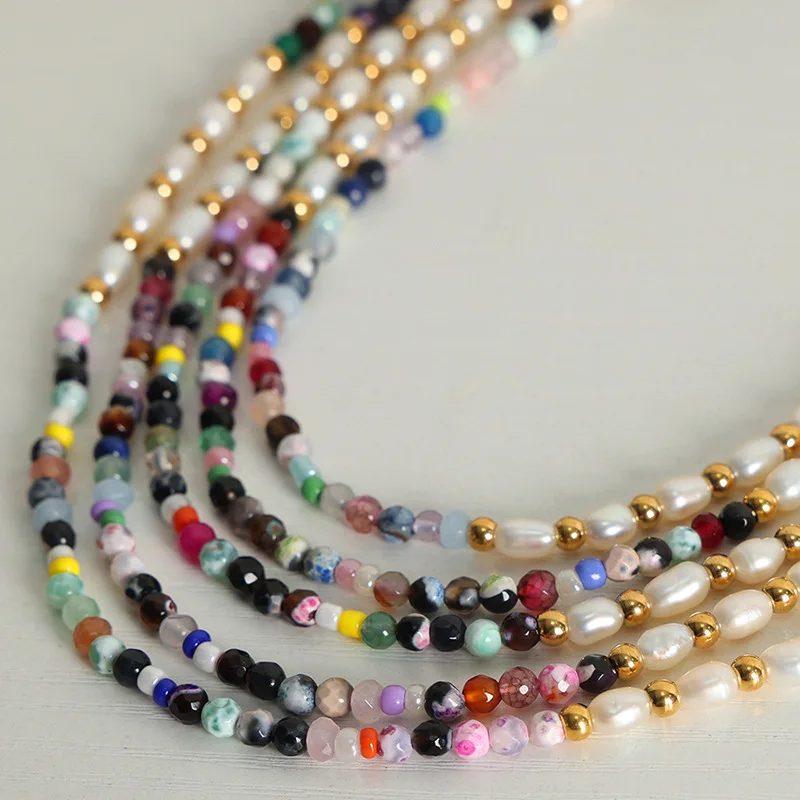 

Multi color natural stone freshwater pearl bead design titanium steel necklace