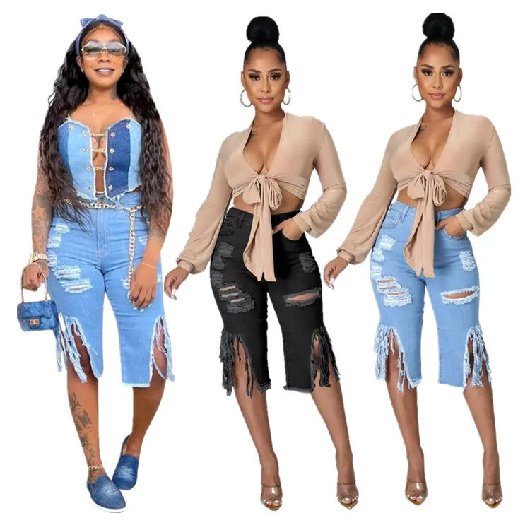 

Latest Design Women's Hollow Out High Waist Ripped Jeans Pants Summer Irregular Stretchy Cropped Trousers, Picture colors