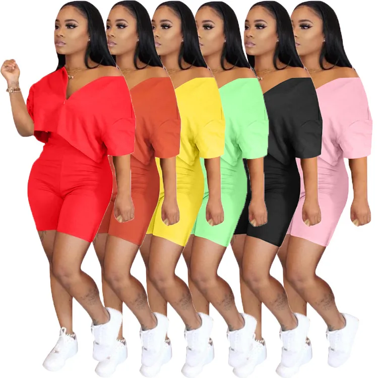 

Solid Color Women Clothing Summer Zipper V-Neck T Shirt Short Pants Two Piece Set 2 Piece Set Women, Customized color