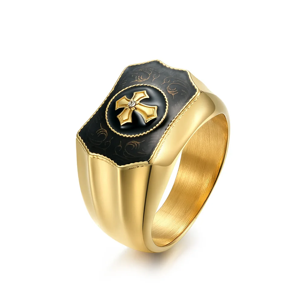 

New Style Statement Titanium Steel Enamel Jewelry Gold Plated Stainless Steel Custom Logo Jesus Cross Ring For Men