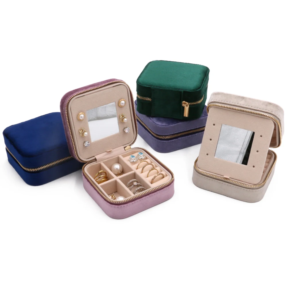 

Custom Logo Small Square Mirror Travel Jewellery Boxes Organizer Velvet Jewellery Storage Case Travel Jewelry Box