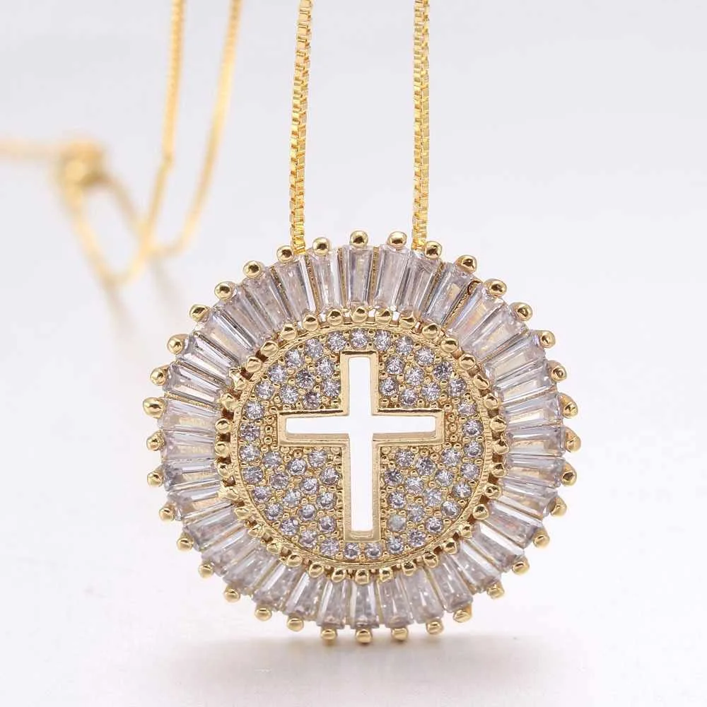 

Hot Selling 3A Grade Zircon Round Shaped Hollow Cross Necklace Brass Gilded Micro-Inlaid Cross Pendant Necklace, Gold