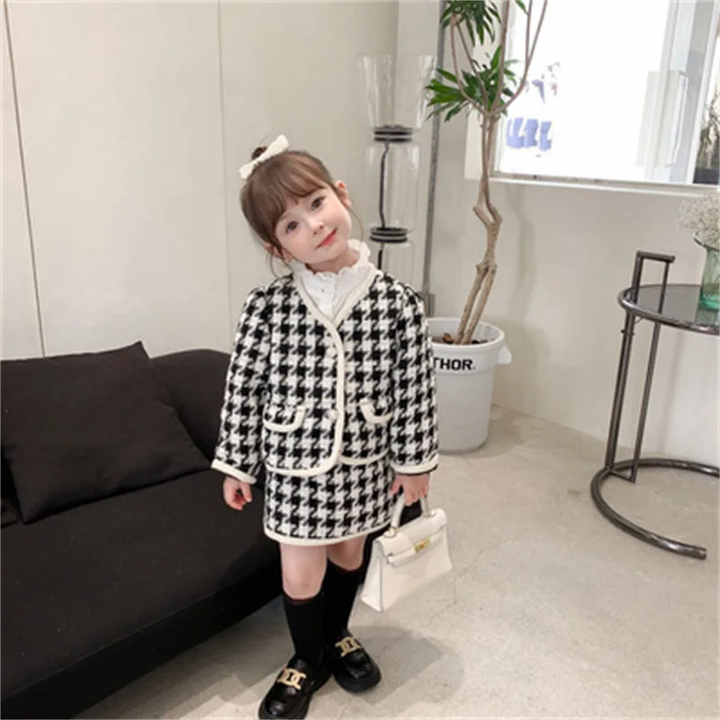 

2022 new girls formal suit grid girl winter clothes skirt sets baby girl clothing set