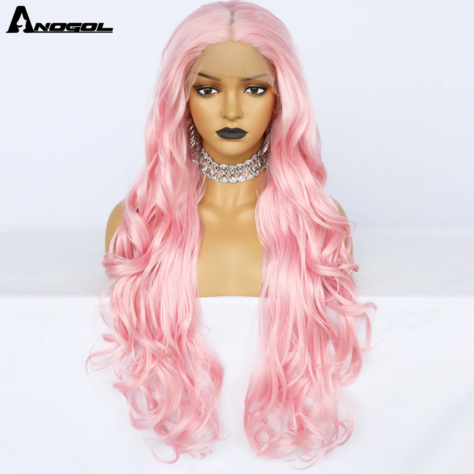 

Anogol Long Kinky Curly Pink Hair Wigs Synthetic Lace Front Wigs with Transparent lace for Women