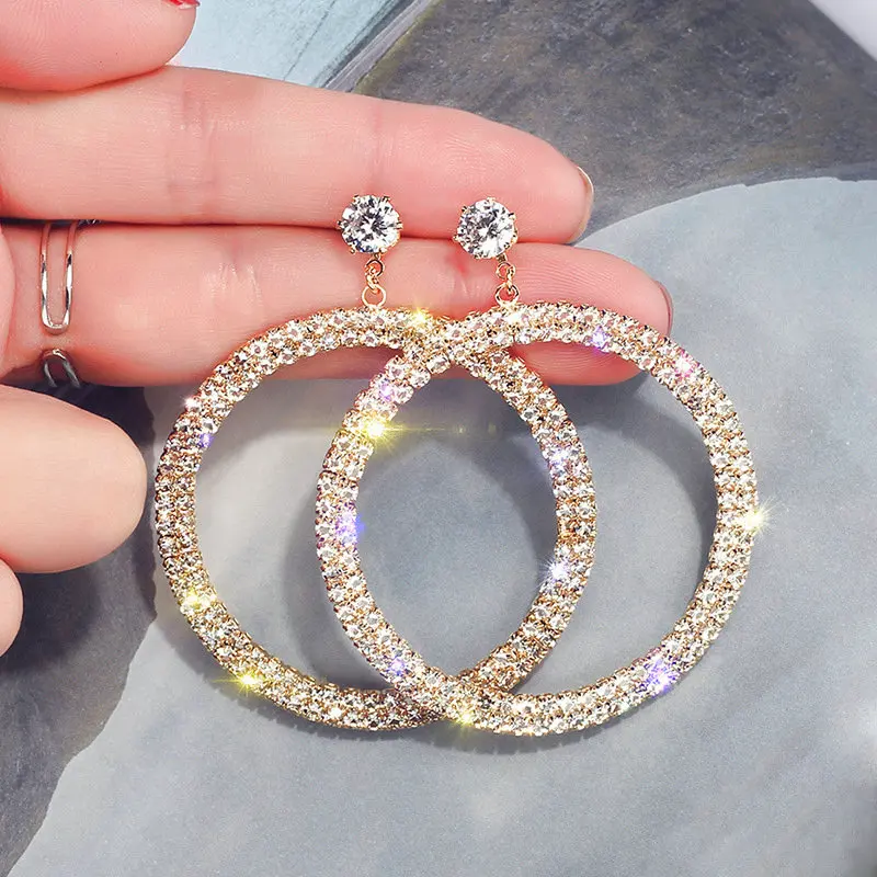 2019 New Arrival Crystal Rhinestone Paved Earring Large Circle Gold Diamond Hoop Earrings