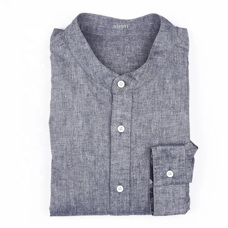 Tailored casual solid blue Cotton and linen plain MTM MAO collar long sleeve men casual business shirt
