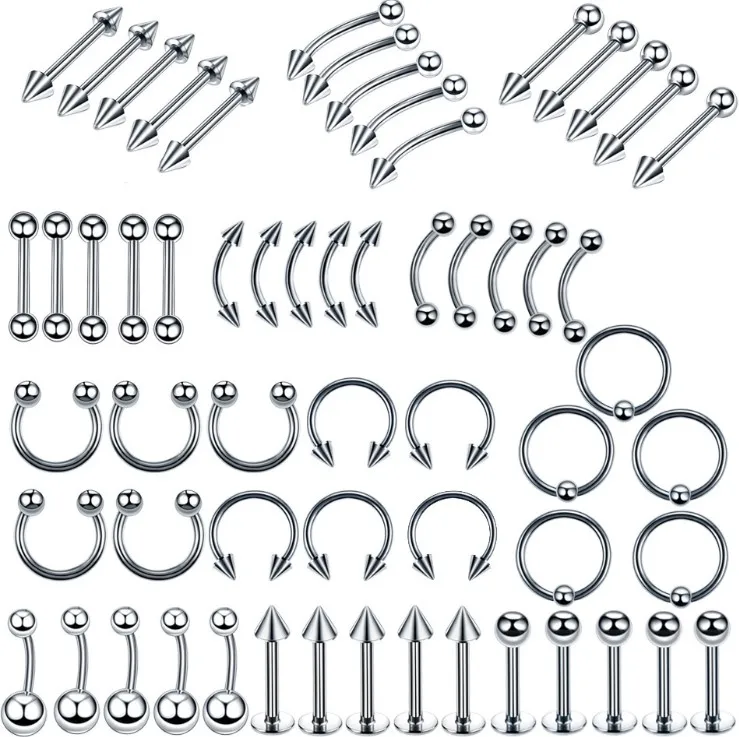 

60pcs /set Stainless Steel Piercing labret Stud Nose ring Nose Stud Body piercing jewelry set, Silver