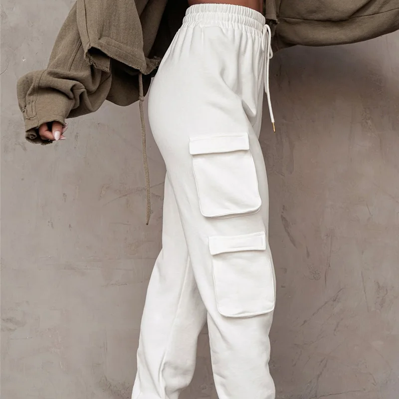 

8 colors Casual Fashion Loose Fashion Long Trousers Female Joggers Pocket Cargo Pants For Women, White/black/apricot/green/blue/gray