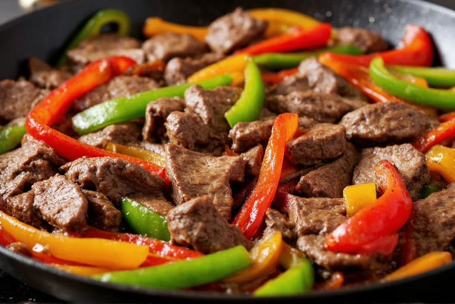 Close-up of sizzling pepper steak in wok with colorful bell peppers and tender sliced beef
