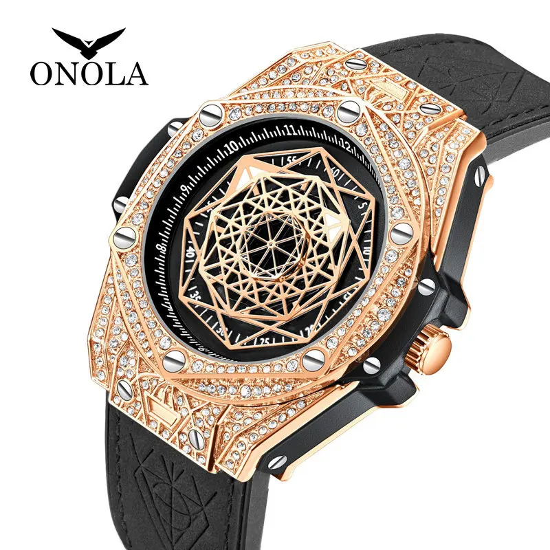 

ONOLA Brand Classic Analog Rose Gold Diamond Watch for Men Leather Strap Watch Quartz Watches Reloj Hombre