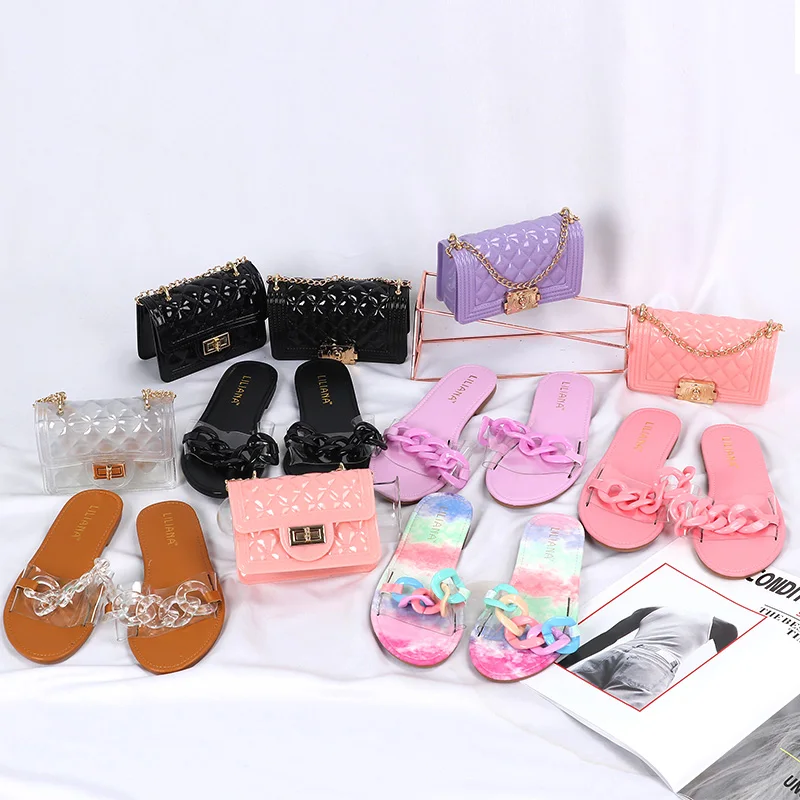 

Wholesale pvc jelly cute mini purse match slides slippers ladies bags sets crossbody bag matching shoe and bag set for women, Black,purple,pink,clear