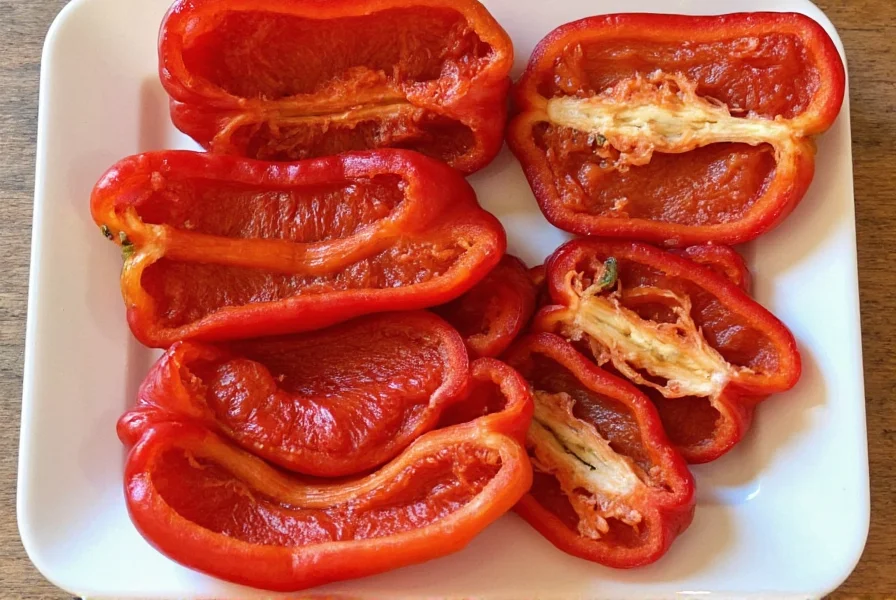 Dehydrated bell peppers spread on a wooden table