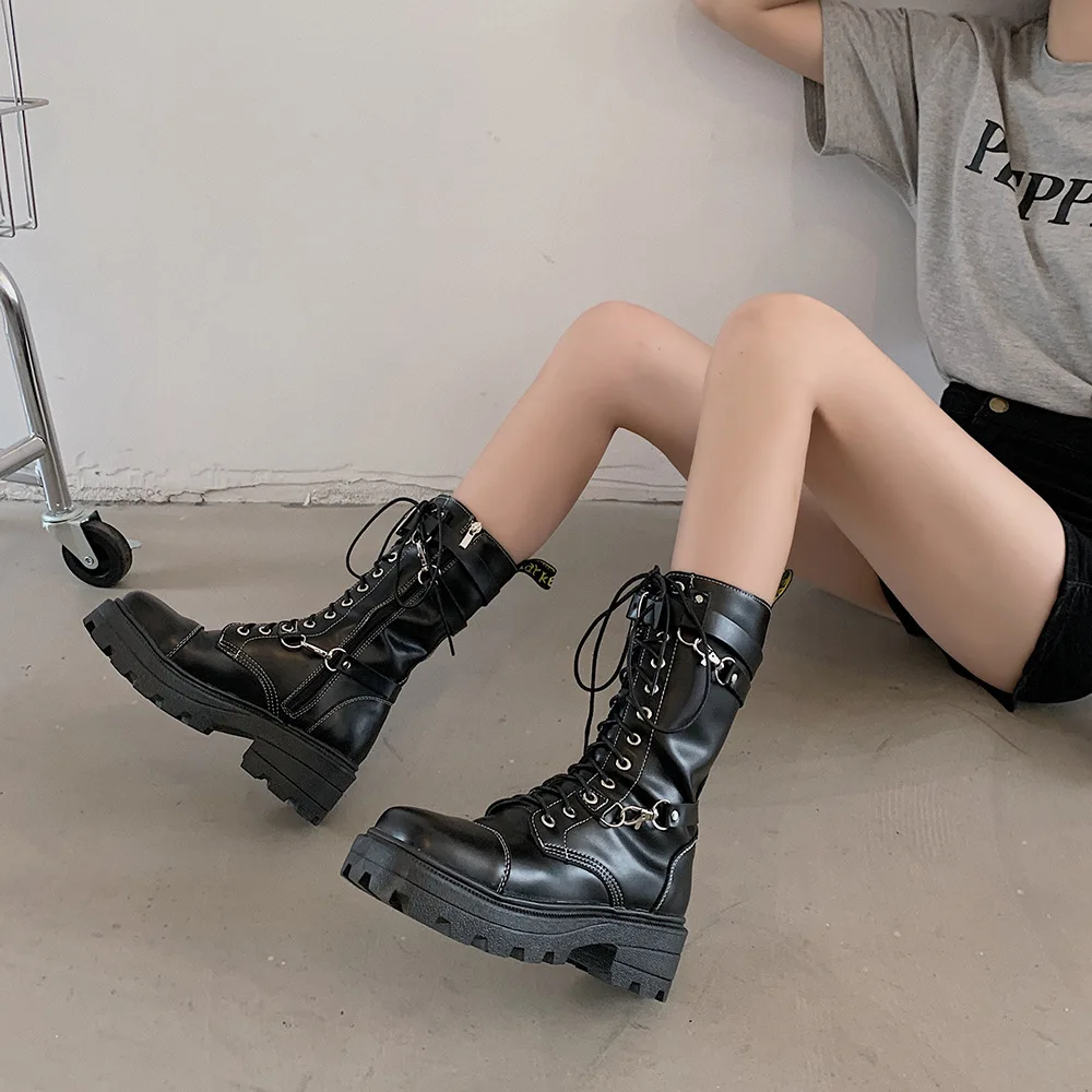 

New Chain Buckle Leather Autumn Women Boots Block Heel Gothic Black Sexy Punk Platform Zip Shoes Female High Quality Mid Boots