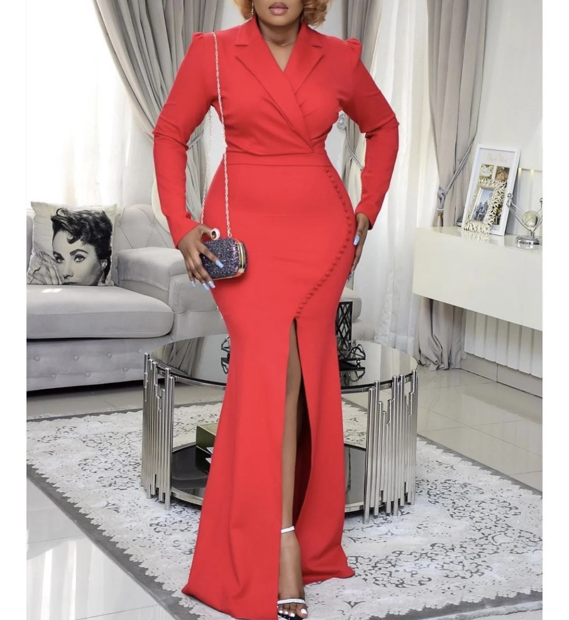 

Elegant Classy Red High Slit Package Hip African Women Office Dress