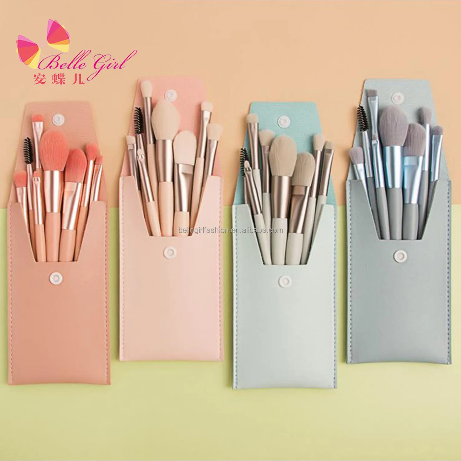 

BELLEGIRL 2021 leather PU makeup brush bag packaging custom logo 8pcs mini travel makeup brushes cosmetic brush set tools, As shown
