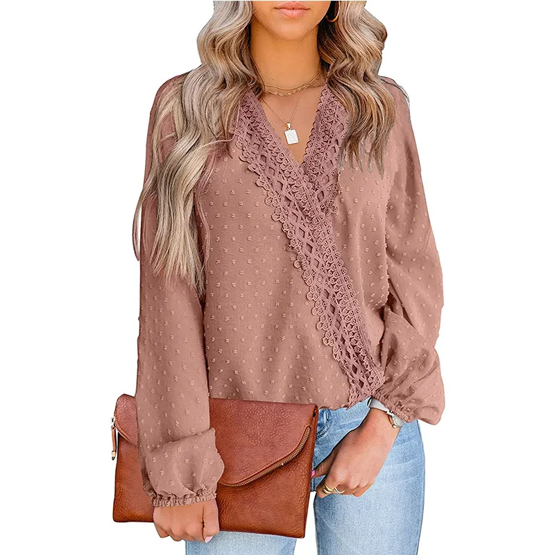 

Women V Neck Chiffon Shirts Long Sleeve Casual Style with Lace Pom Poms