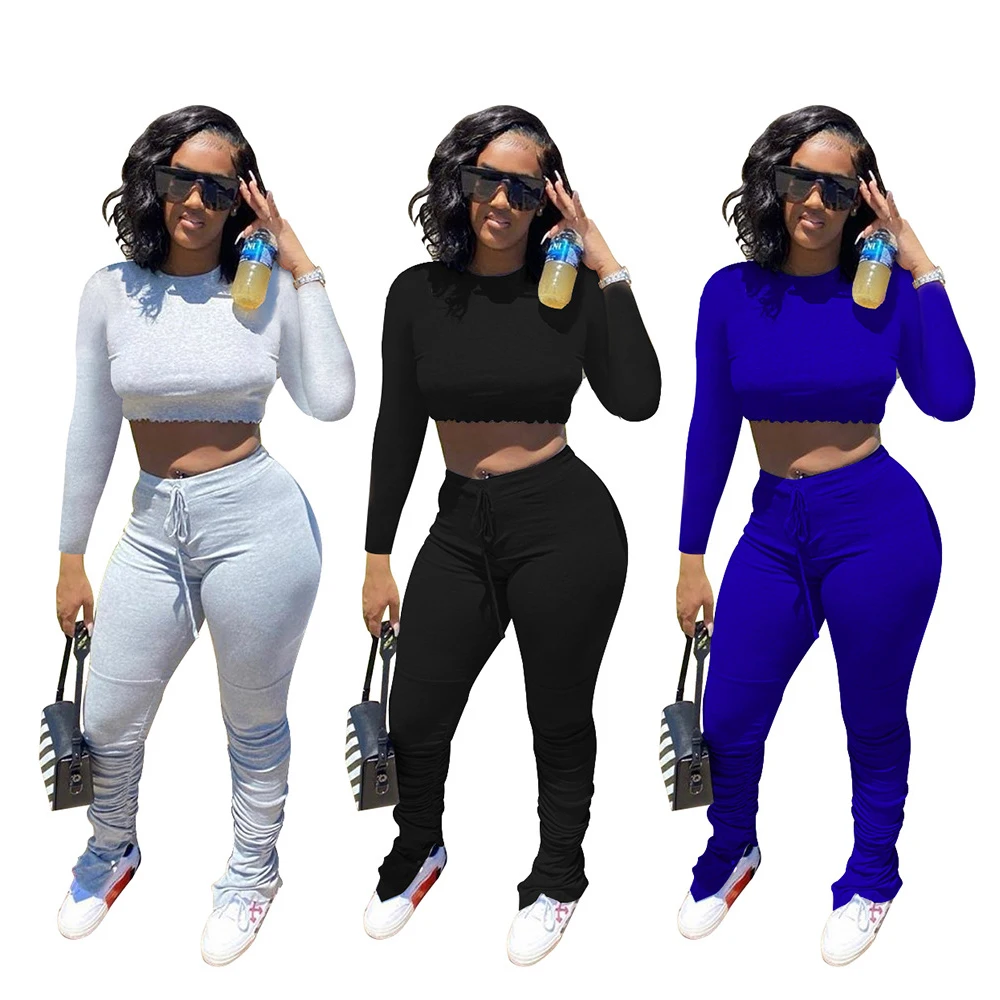 

Best selling 2 piece sets Shirring long sleeves full length womens jogger floral pants&shorts set casual fall outfit for women