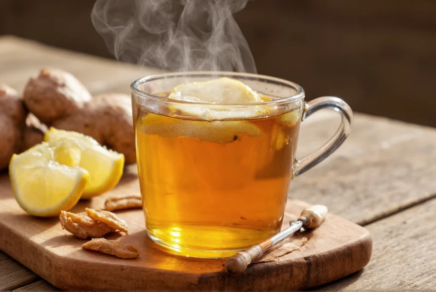 Steaming cup of ginger tea with fresh ginger slices and lemon wedge on wooden table