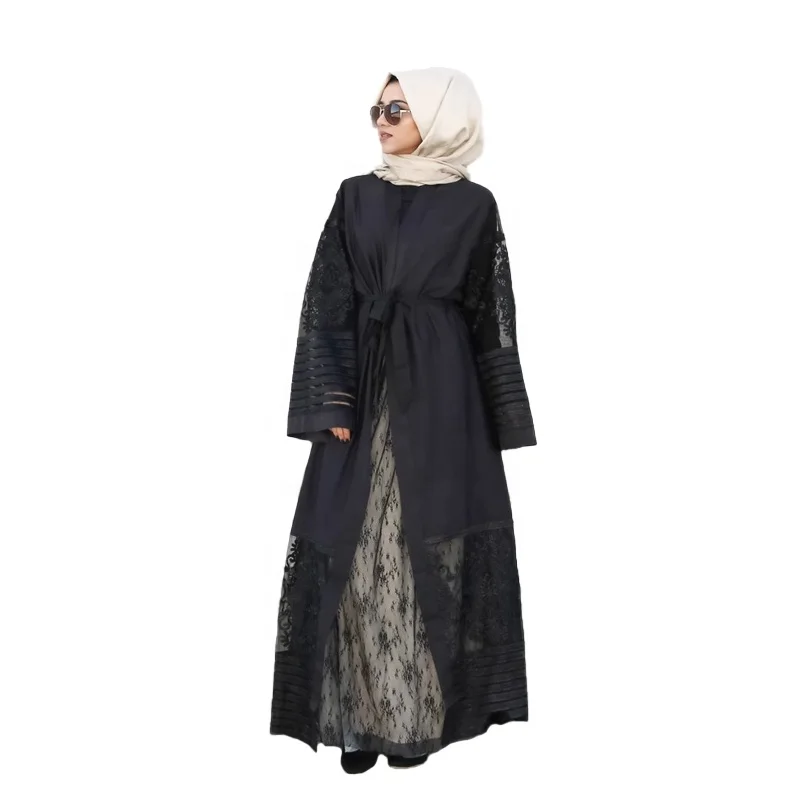 

Singapore Long Lace Flower Sleeve Belted Elegant Summer Open Abaya Muslim Islamic Clothing Modest Fashion For Women, Black/purple