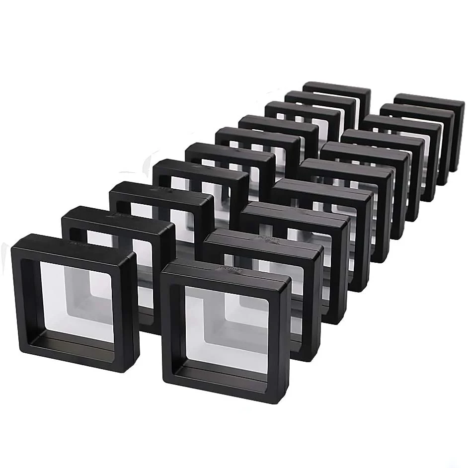 

3D Floating gemstone jewelry box 7*7*2cm suspension frame PE film case gemstone box display, White and black