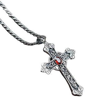 

925 Sterling Silver Catholic Cross Pendant Virgin Mary Men Women With Natural Garnet Stone Retro Punk Religious Jewelry