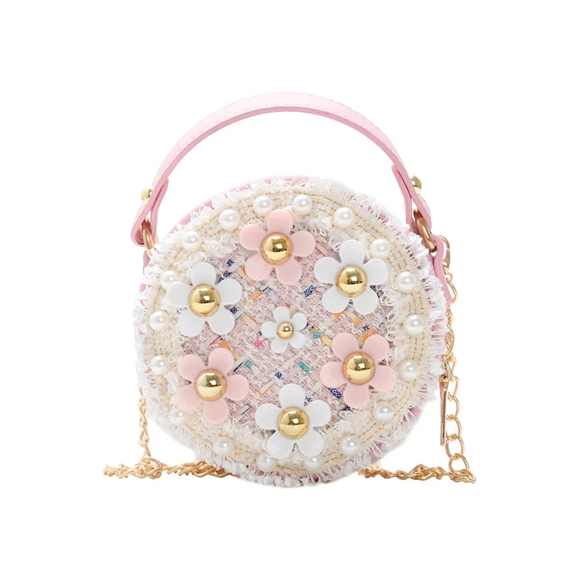 

New Fashion New Kids Small Single Shoulder Bag Ins Crossbody Mini Round Bag Flower Children Gift Handbag For Girls, Pink white blue black