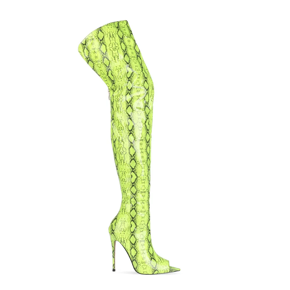 

WETKISS Wholesale Custom Sexy High Heel Peep Toe Long Boots Over Knee Snakeskin Boots Women Thigh High Boots for Party, Pink, green, blue, yellow, orange, grey