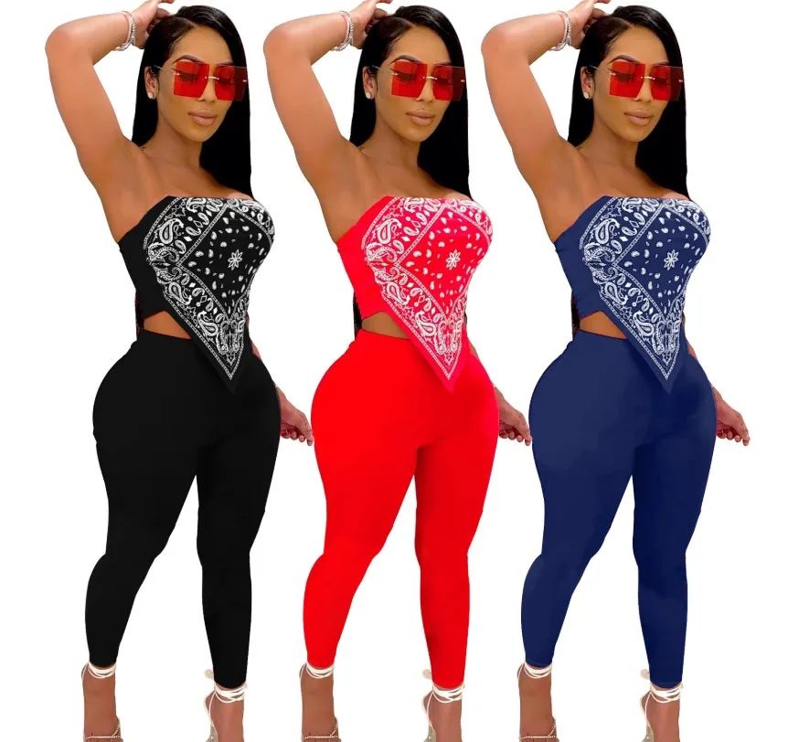 

2020 New fall clothing 3colors women's wear, two piece off shoulder flora bandana crop top long pants 2 piece clothing suit