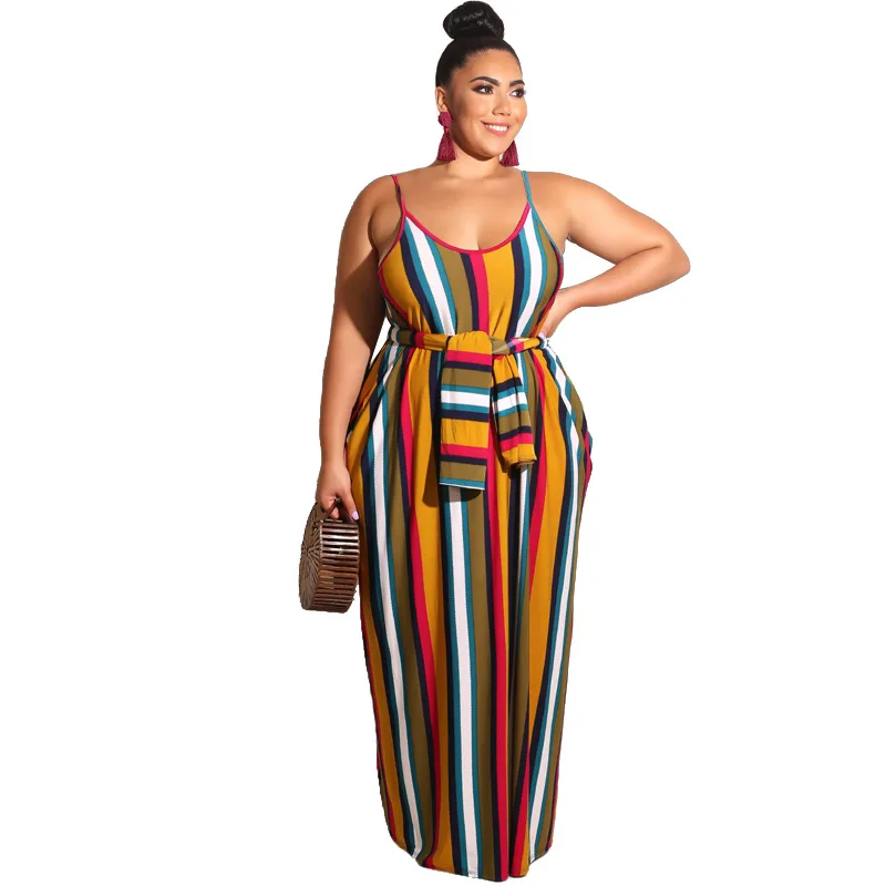 

2020 new arrivals summer collection women round neckline stripes design women plus size dresses with tie belt