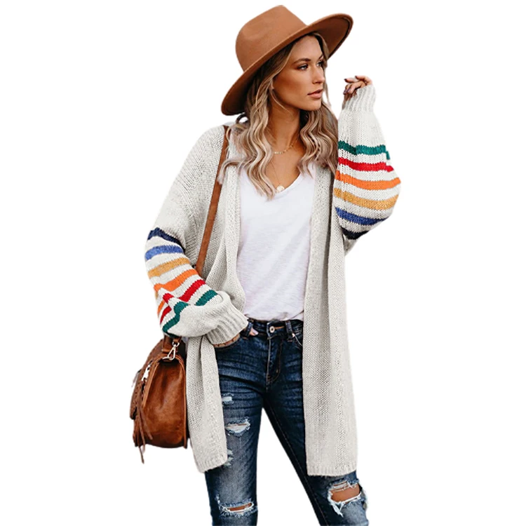 

Winter Autumn Casual Loose Open Front Striped Knitted Long Coat Women Cardigan Sweater, White / pink / gray