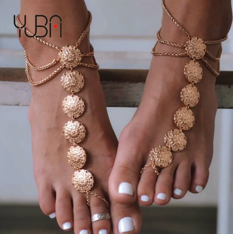 

Ethnic Jewelry Long Textured Coin Foot Chain Ankles Vintage Toes Linked Shaped Sunflower Disc Anklet For Women