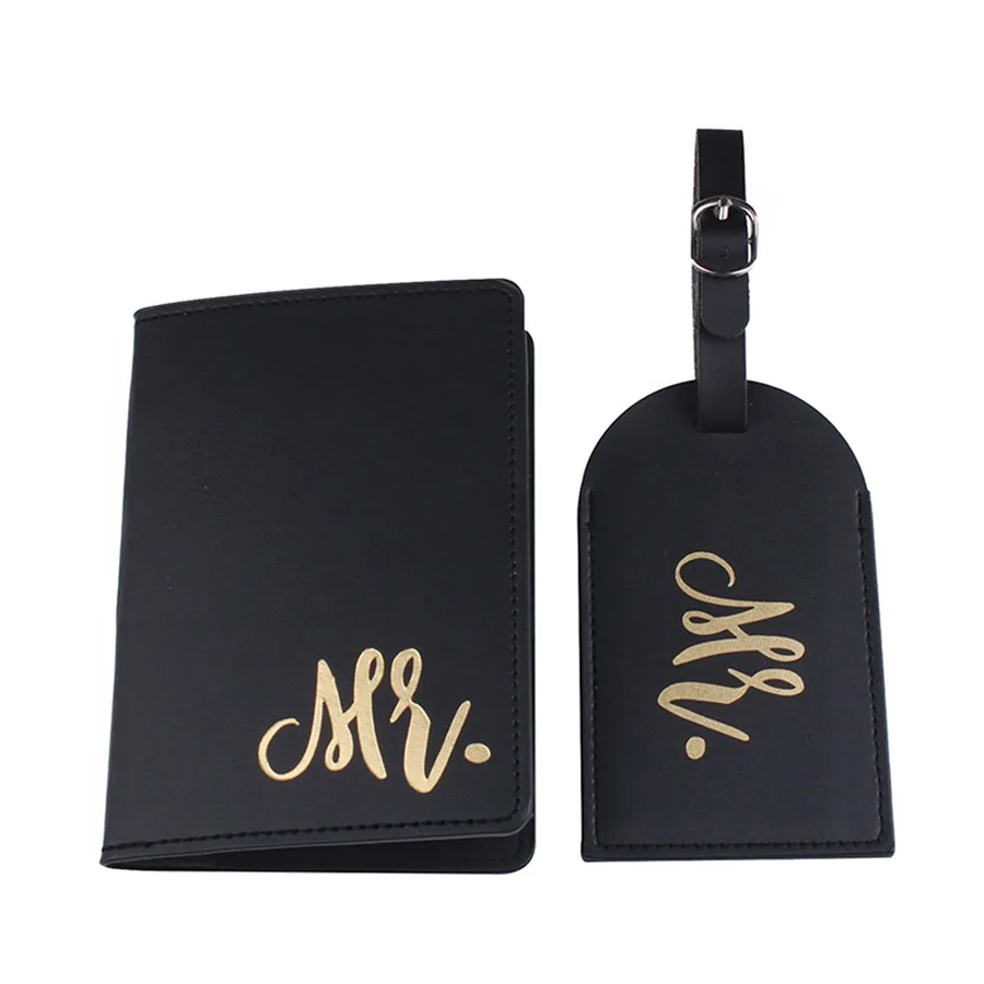 

atinfor Minimalist Creative PU Leather Passport Holder Set Luggage Tag Passport Cover Black And White