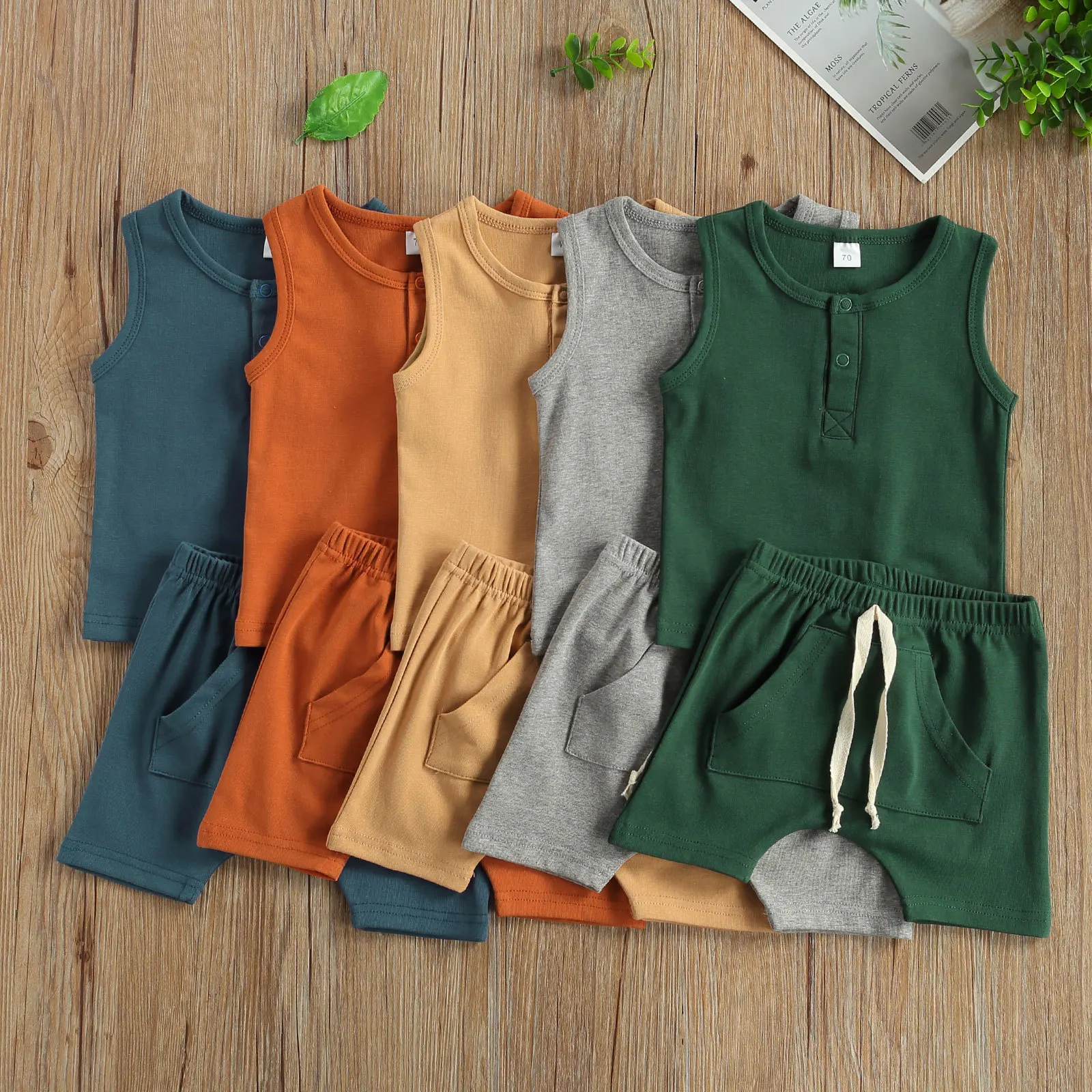 

Summer Newborn Toddler Baby Solid Color Sleeveless T-shirts Pocket Shorts Outfit Casual Baby Boys Clothing Sets, Photo showed and customized color