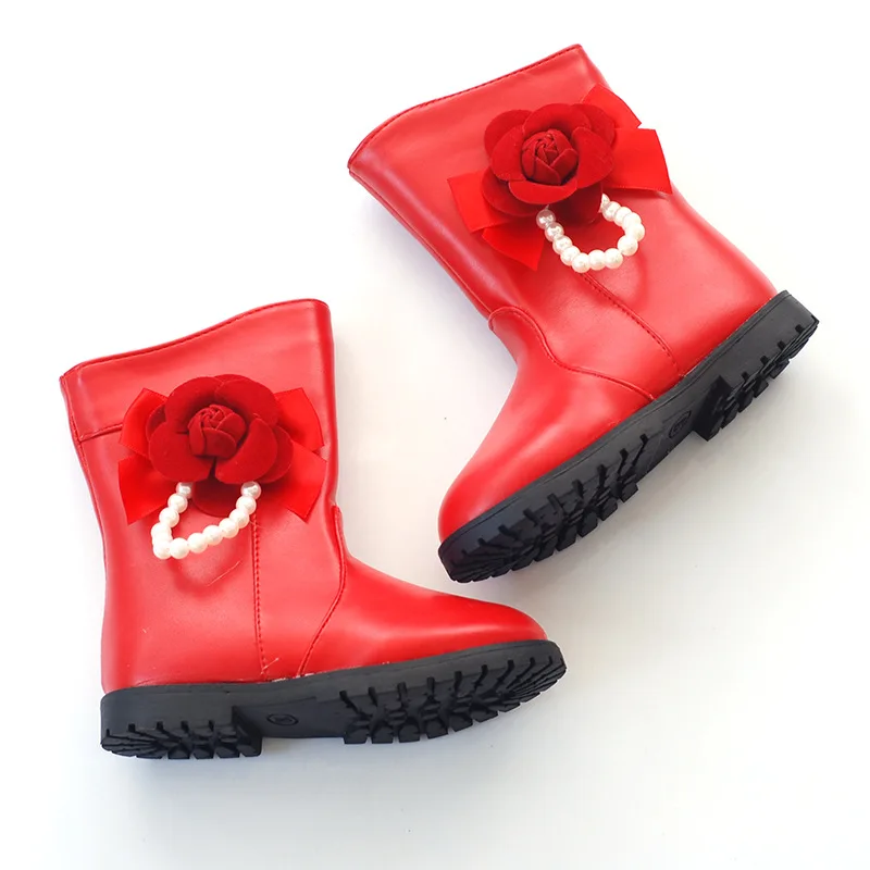 

Girls Boots 2020 Winter Shoes For Girls Kids Baby Children's Flower Pearl Waterproof Leather Shoes Girl Princess Snow Rain Boots