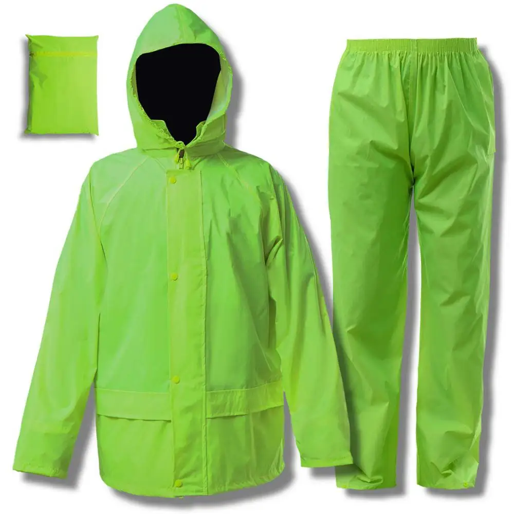 

ZUJA Pockets Adjustable Hood Unisex Design Green Rain Suit With Pant