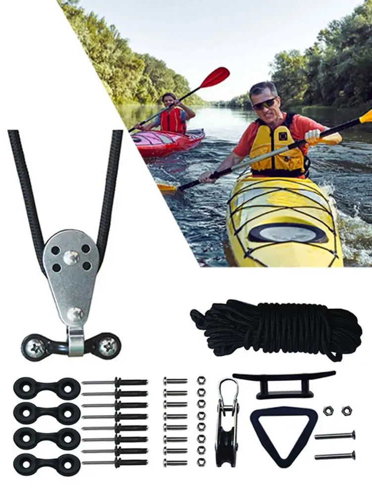 
Kayak Canoes Anchor Trolley Kit Speedboat Nylon Rope Set With Pulleys Pad Eye Cleats Ring 30 Feet Rope Kayak Accessories 