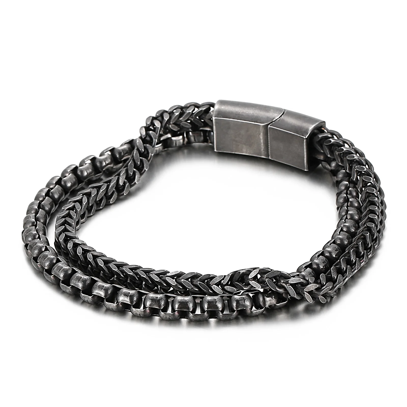 

KALEN Magnetic Closure Matte Black Silver 18k Gold Plated Stainless Steel Double Franco box chain Link Charm Bracelet Men