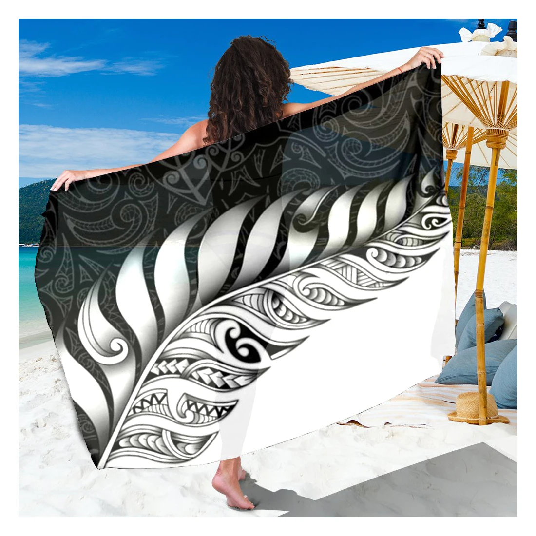 

Unique Custom Sarong Printed Black And White Polynesian Tribal Leaf Summer Beach Cover Up Bikini Cheap Women's Sarong, Customized designer